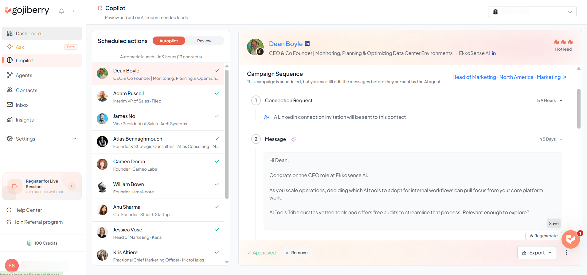 Gojiberry Copilot screen showing an AI-drafted LinkedIn message for a hot lead