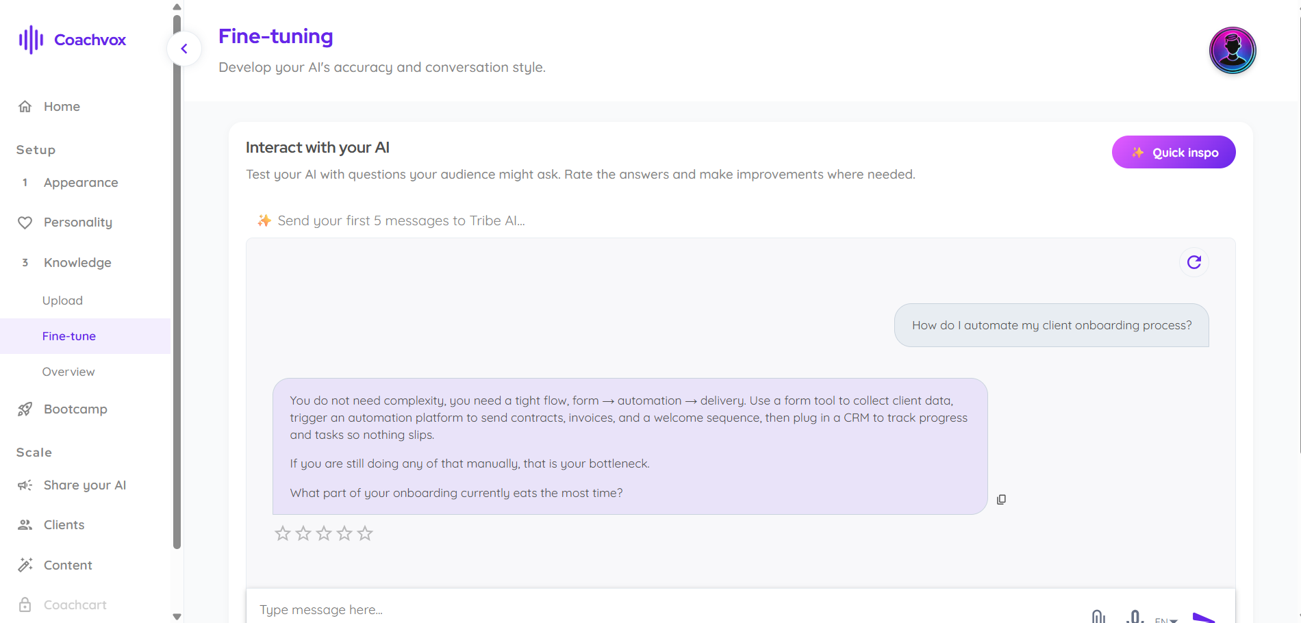 Coachvox fine-tuning screen with a test chat and 5-star response rating.