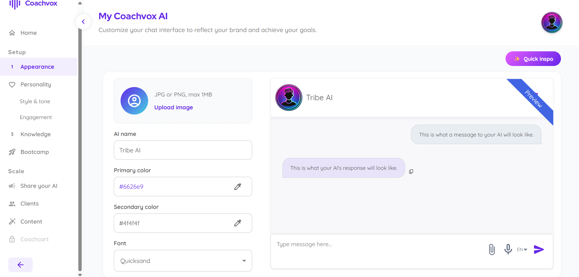Coachvox appearance settings with name, colors, font, and live chat preview.