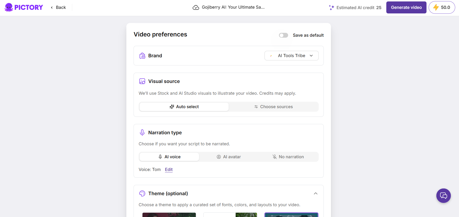 Screenshot of Pictory AI's video preferences screen.