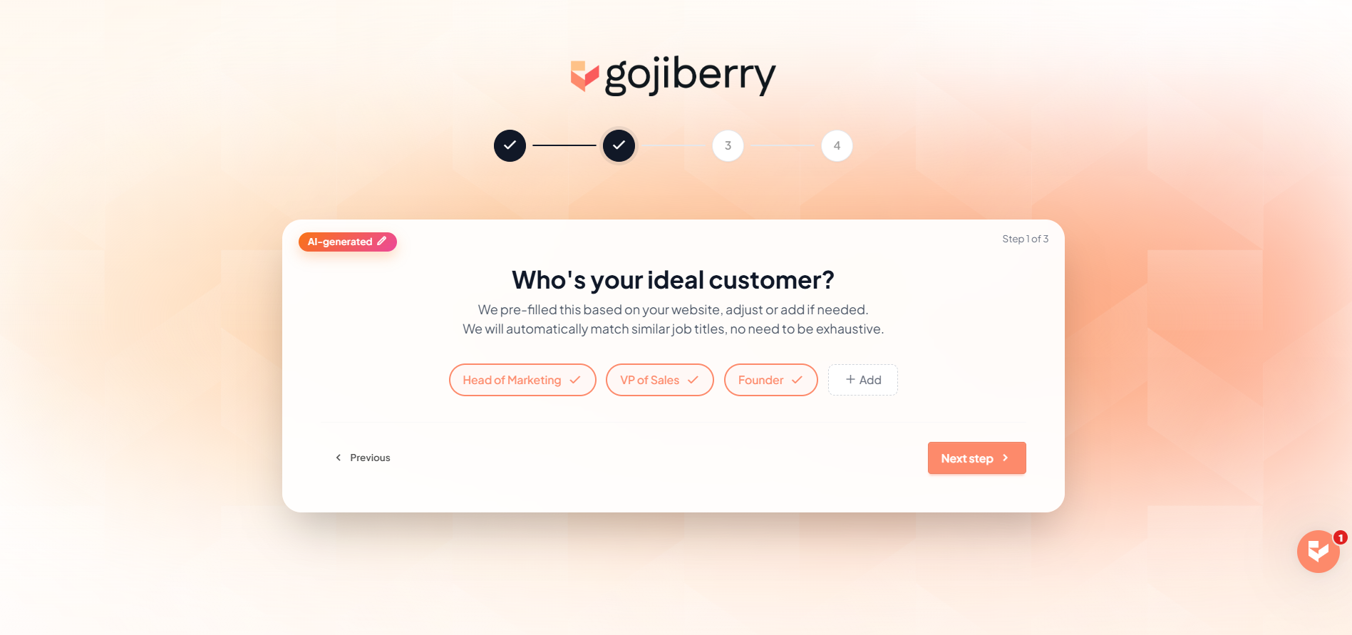 Gojiberry onboarding screen showing AI-generated ICP suggestions