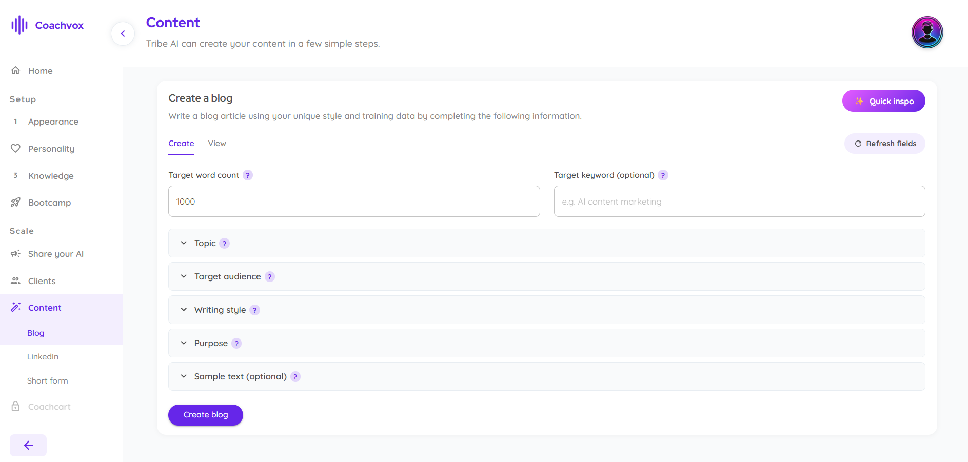 Coachvox blog creation screen with word count, topic, and audience fields.