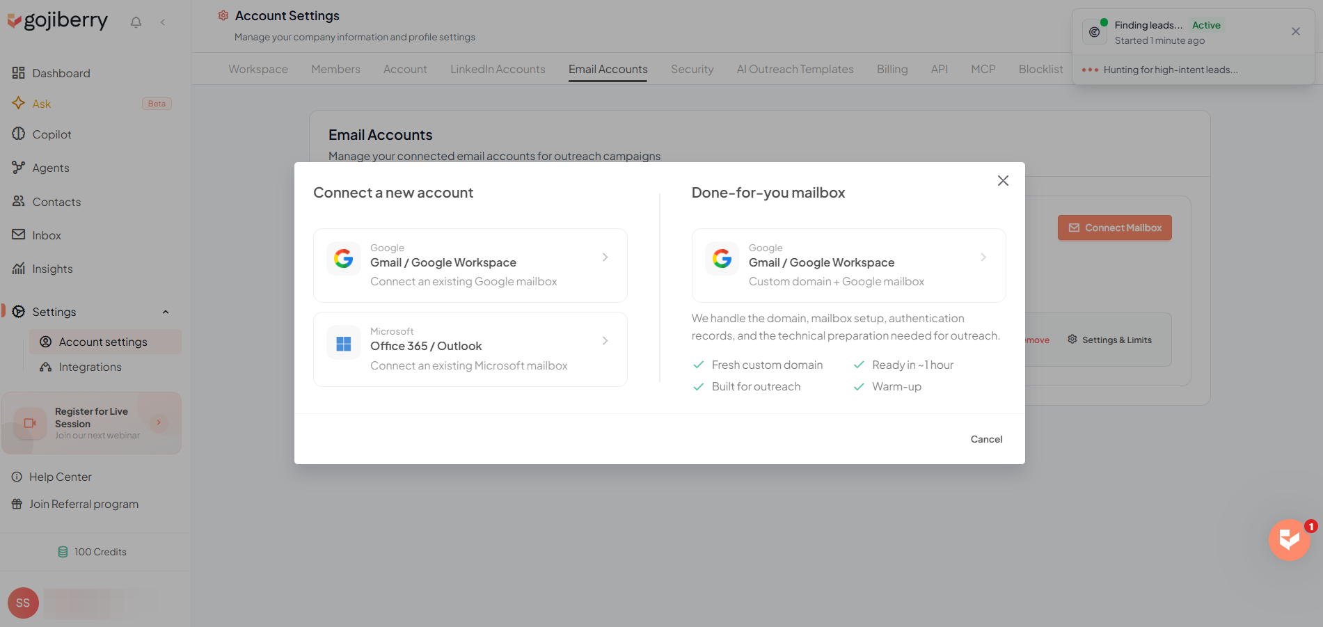 Gojiberry email accounts settings showing options to connect Gmail or Outlook for outreach.