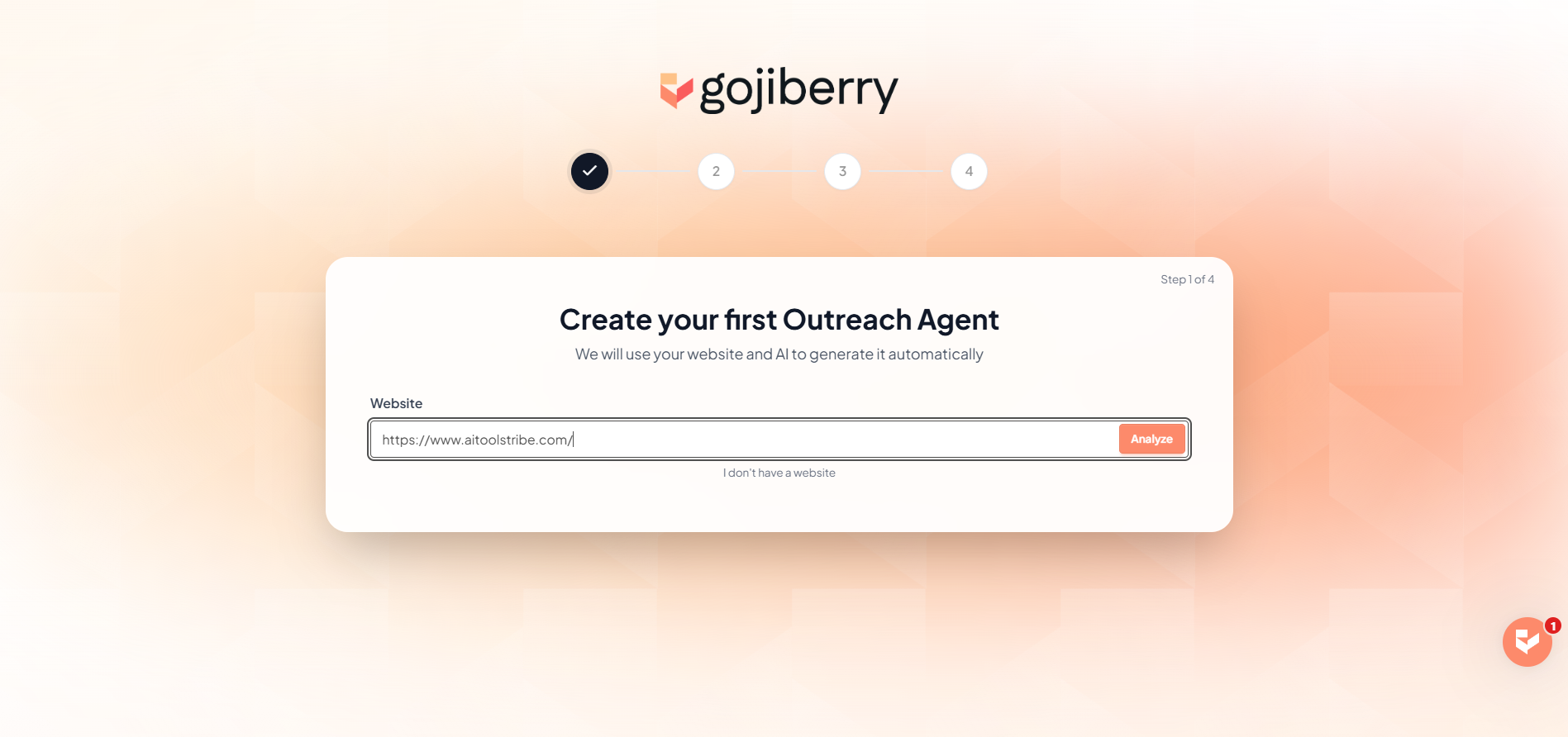 Gojiberry onboarding screen, step 1 of 4, showing a website URL input field and "Analyze" button.