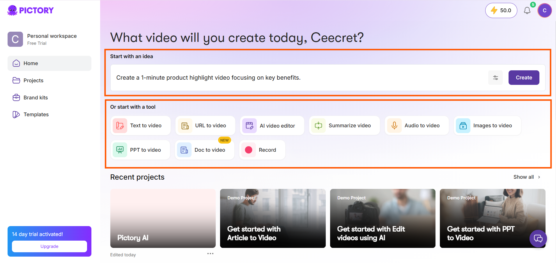 Screenshot of the Pictory AI dashboard.