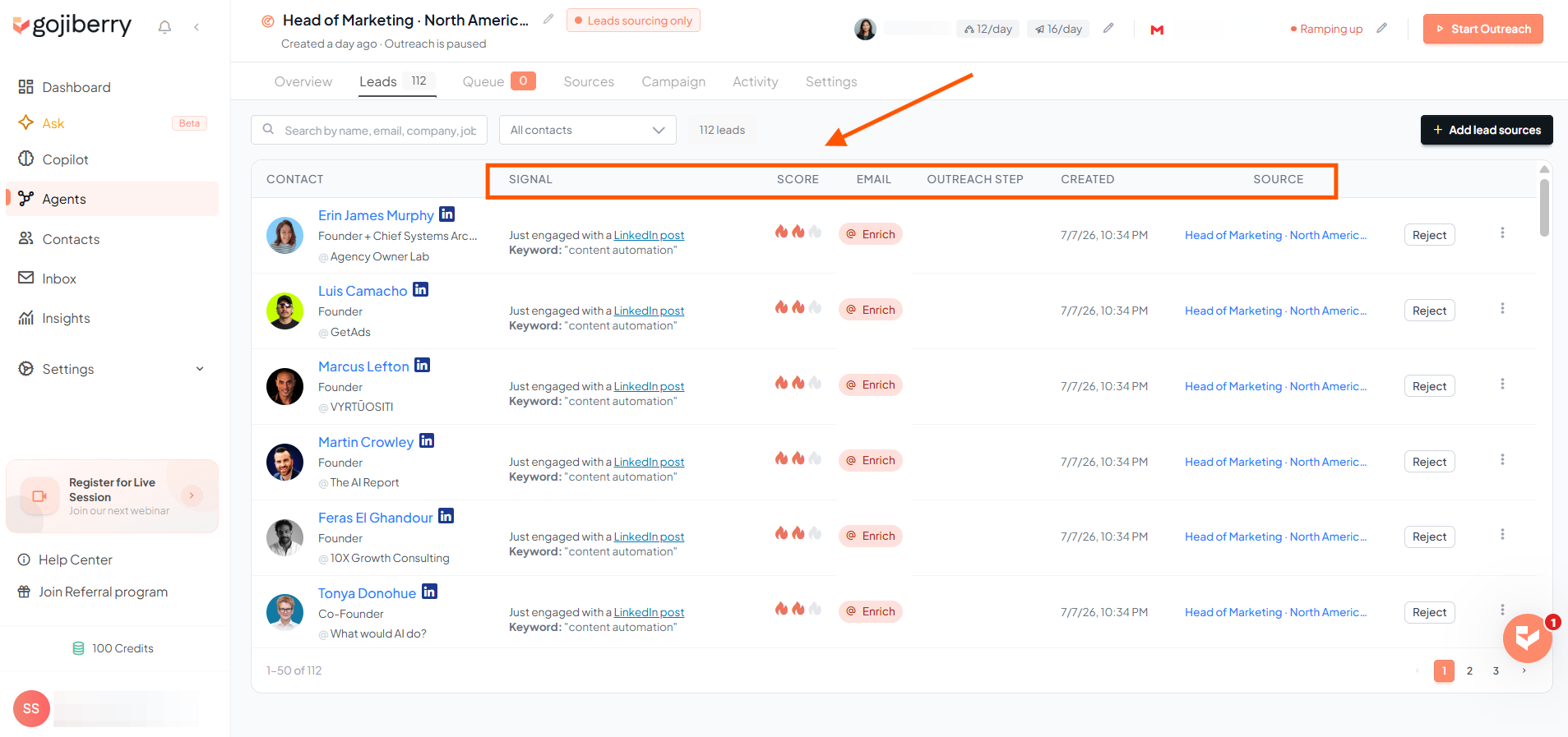 Gojiberry leads list showing 112 leads with signal, score, and source columns for each contact.