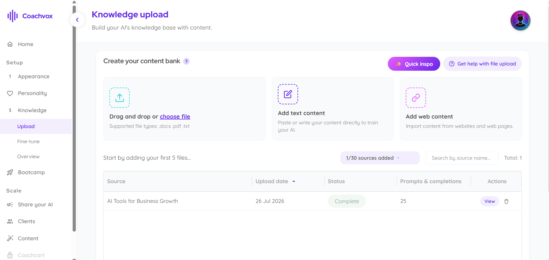 Coachvox knowledge upload screen with file, text, and web content options.