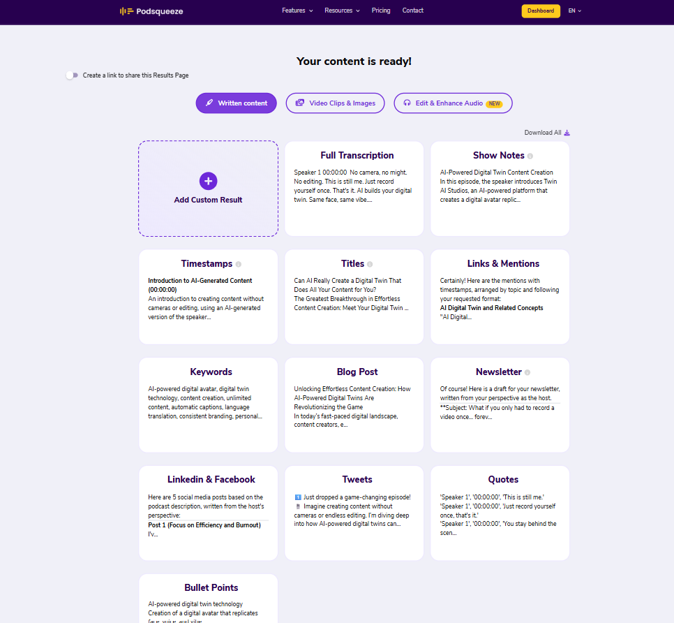 Podsqueeze results dashboard showing generated content cards.