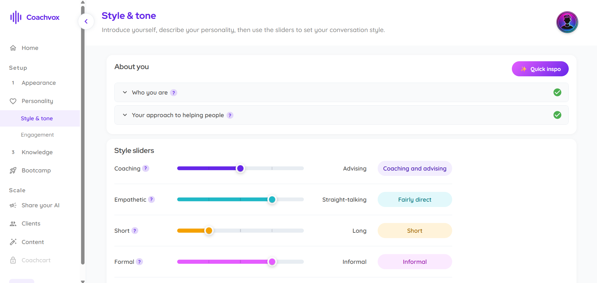 Coachvox style and tone settings with sliders for coaching, empathy, length, and formality.