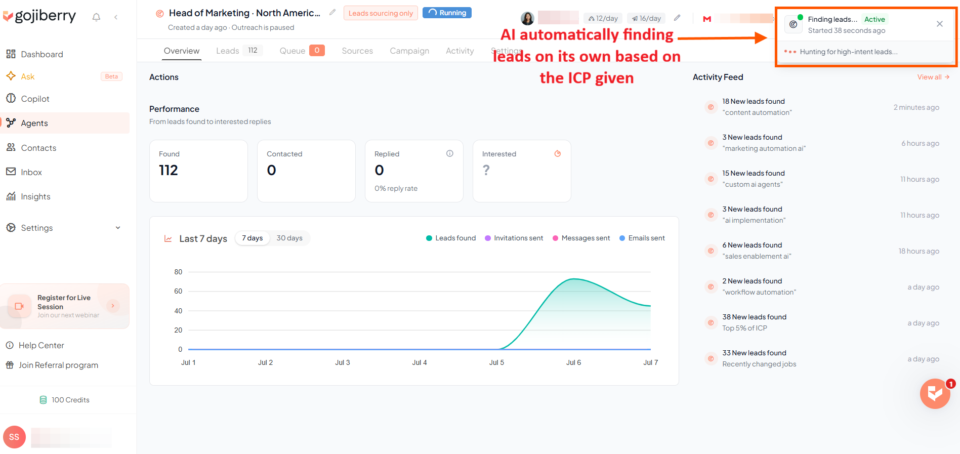 Gojiberry dashboard showing an active AI agent finding leads in real time based on the ICP.