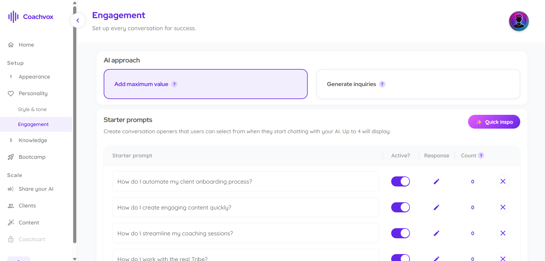 Coachvox engagement settings showing AI approach toggle and editable starter prompts.
