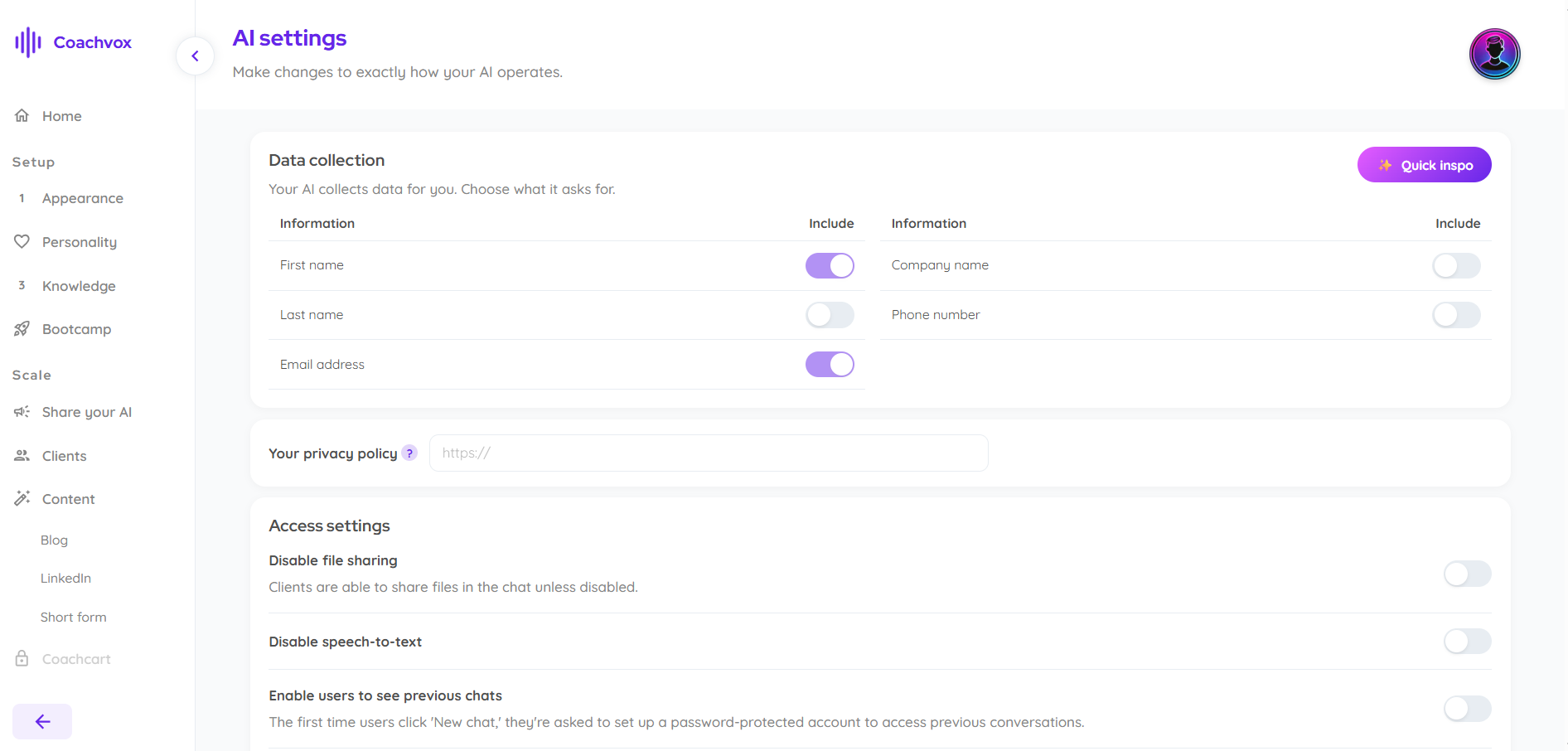 Coachvox AI settings for lead data collection, privacy, and access controls.