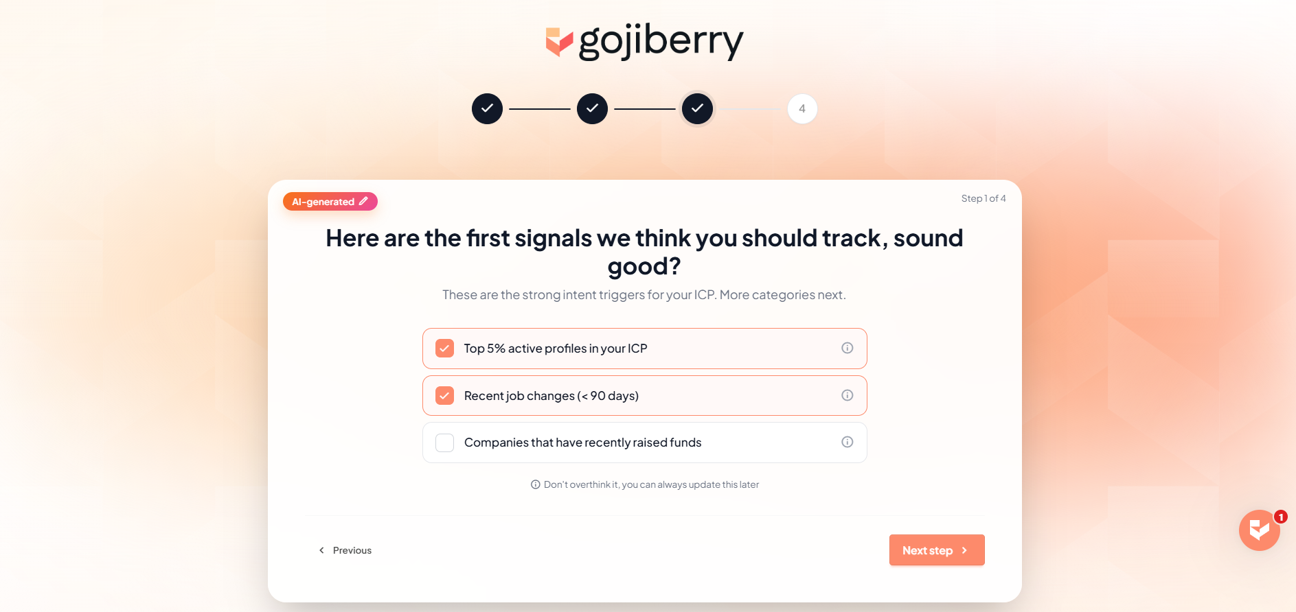 Gojiberry onboarding screen with AI-suggested intent signals to track