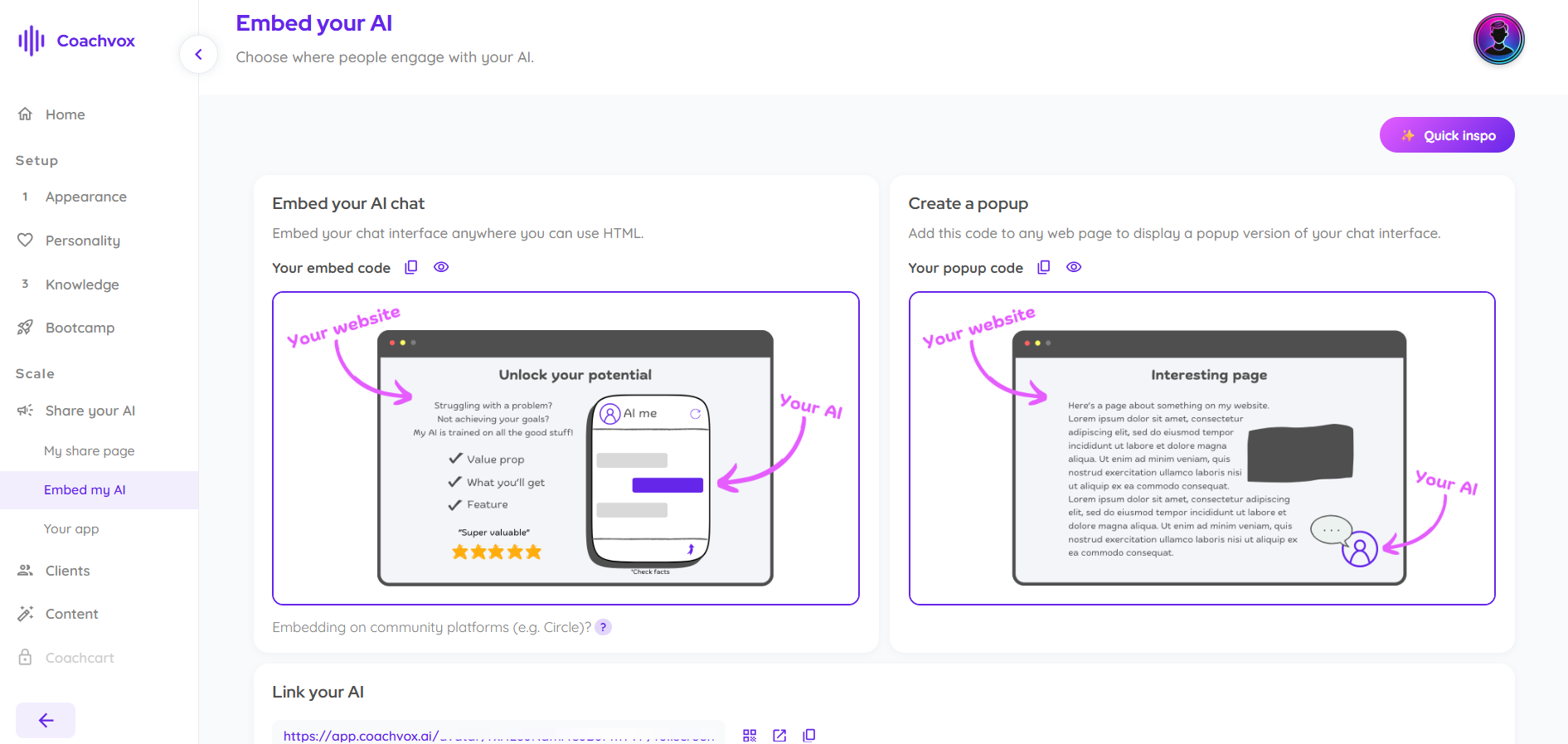 Coachvox embed options showing full chat, popup, and shareable link.