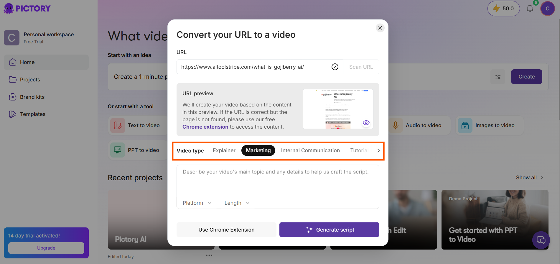 Screenshot of Pictory AI's URL-to-video tool with a pasted blog URL, content preview, and video type options.