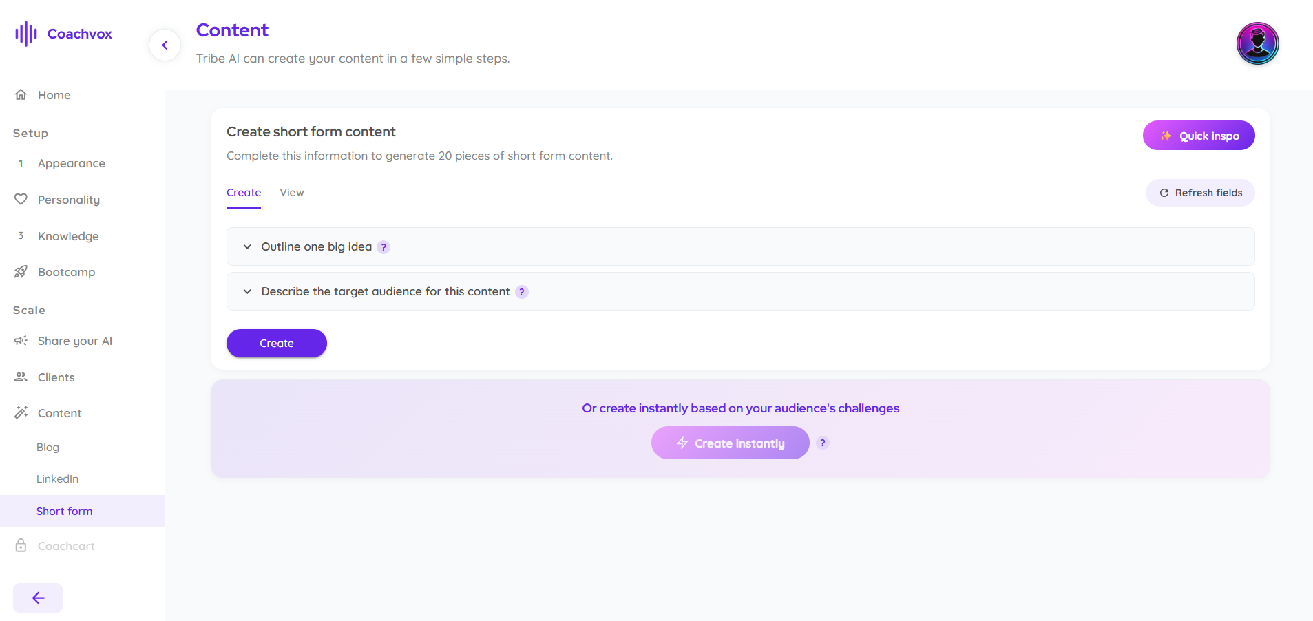 Coachvox short-form content generator with a "Create instantly" option.