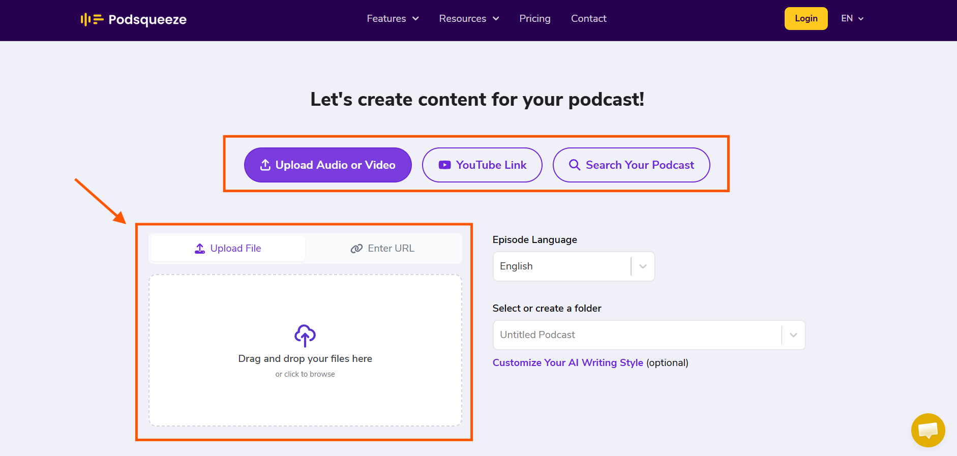 Podsqueeze dashboard screen for uploading a podcast episode.