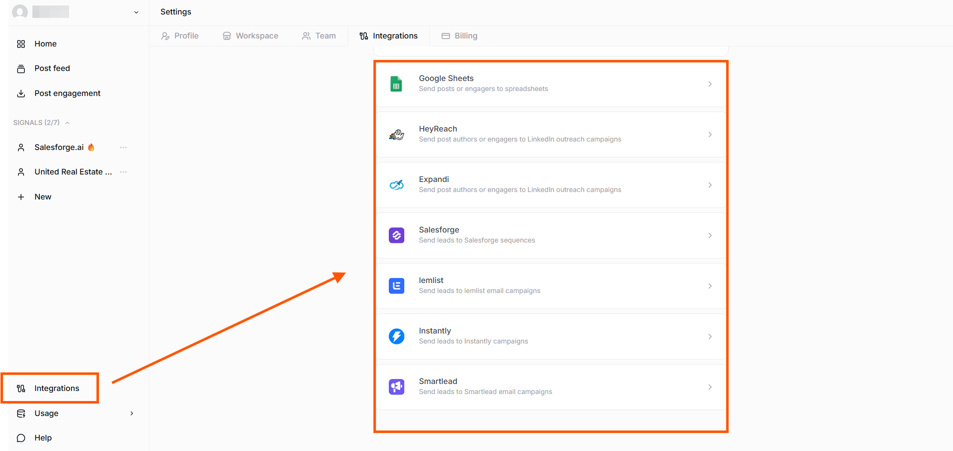 Jungler integrations settings page listing available outreach and CRM connections.