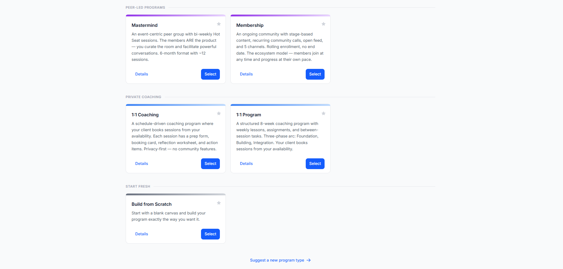 Upcoach program selection screen with template options.