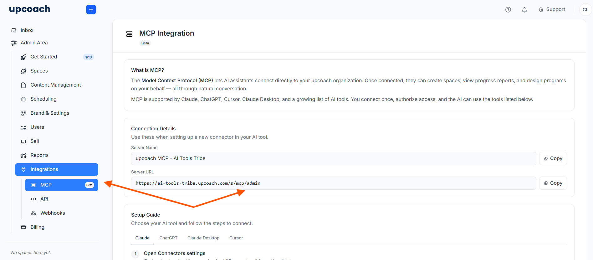 Upcoach MCP Integration settings showing server connection details.