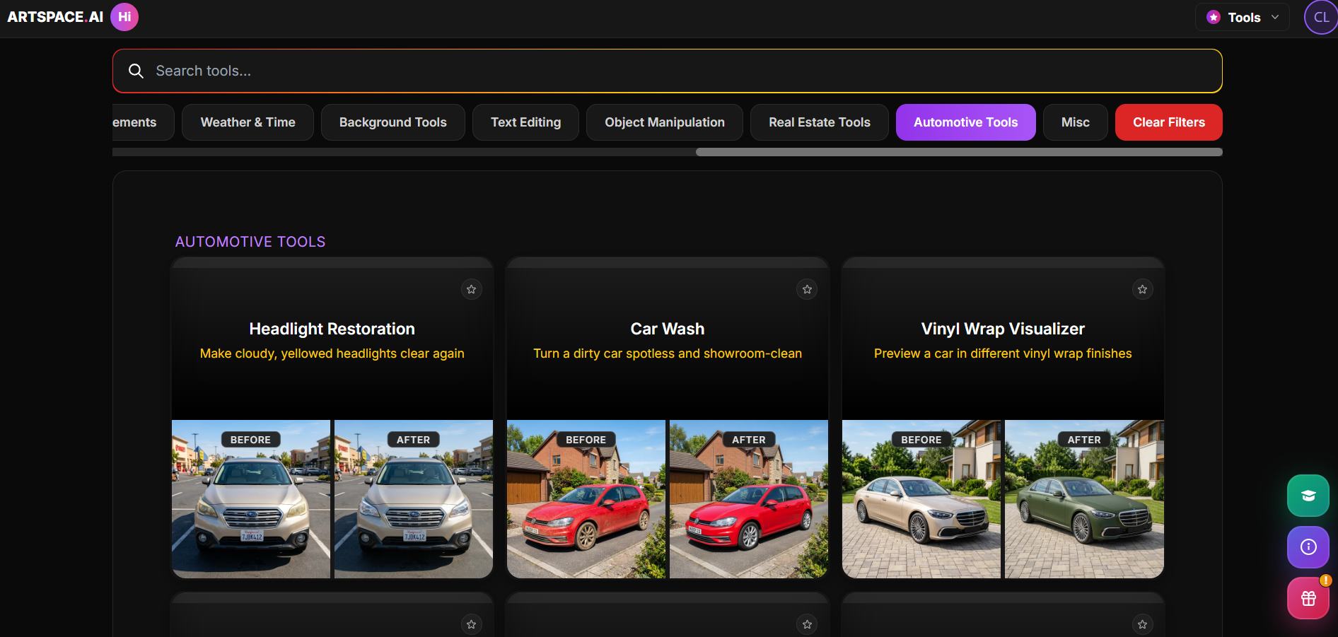 ArtSpace AI Automotive Tools showing before/after for headlight restoration, car wash, and vinyl wrap.