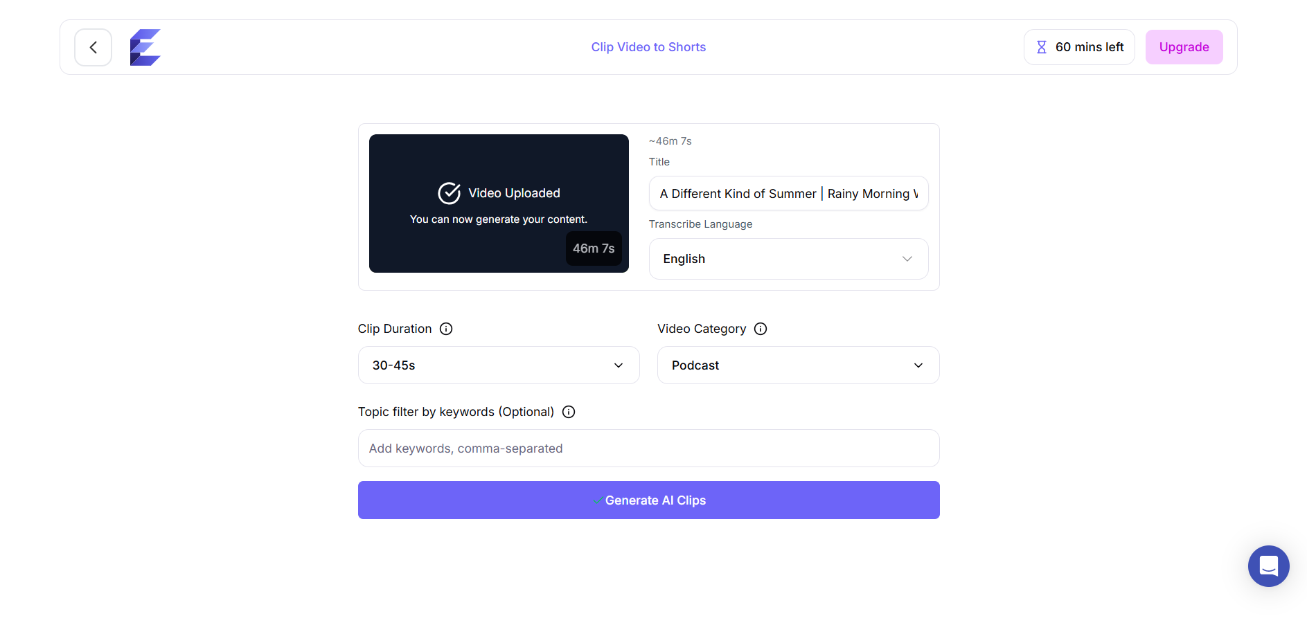 Exemplary AI clip settings panel
