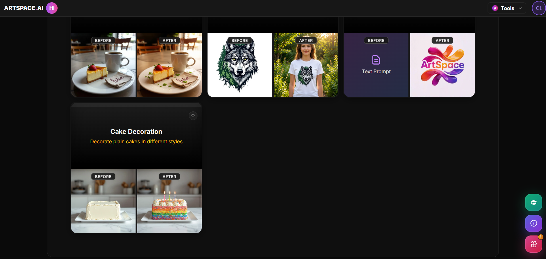 ArtSpace AI tools showing before/after for t-shirt logo, logo creation, and cake decoration.