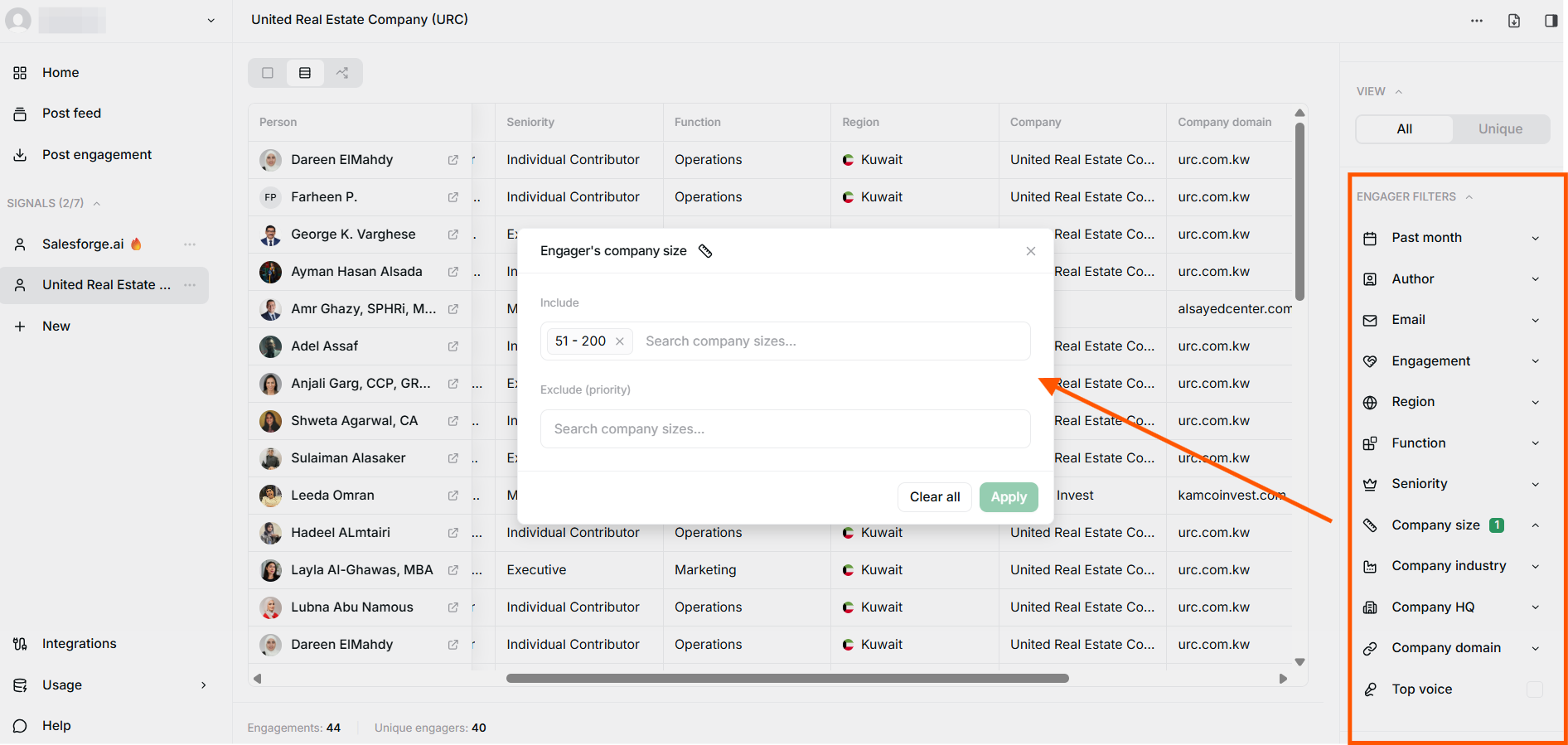 Jungler engager filters panel with a company size filter set to 51–200 employees.