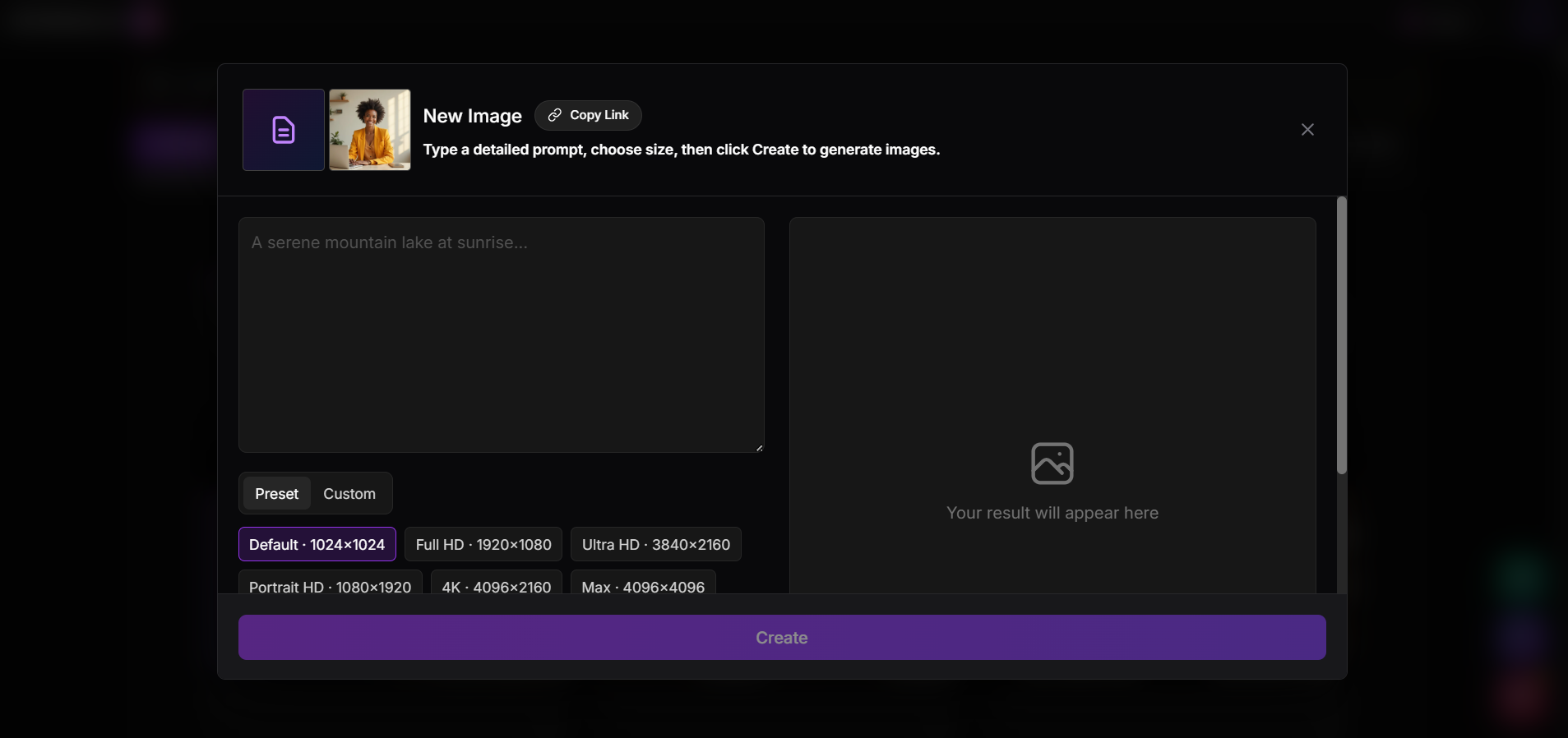 ArtSpace AI New Image tool showing prompt field, size presets, and Create button.