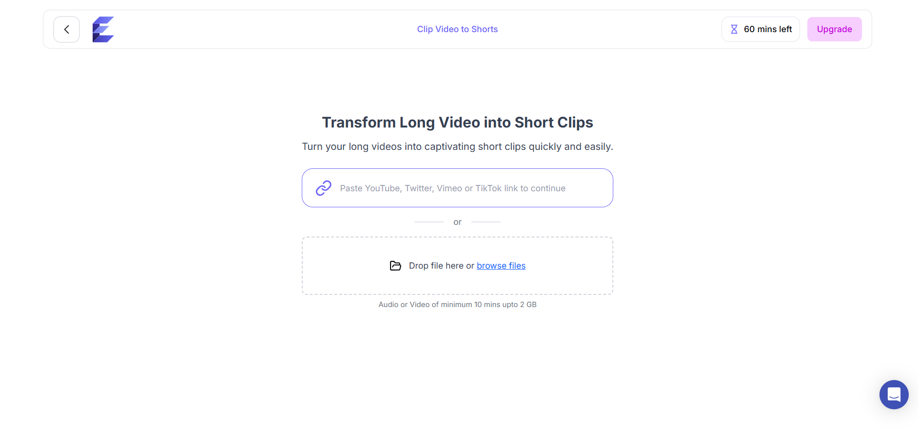 Exemplary AI upload screen with a link paste field and drag-and-drop file upload for turning long videos into short clips.