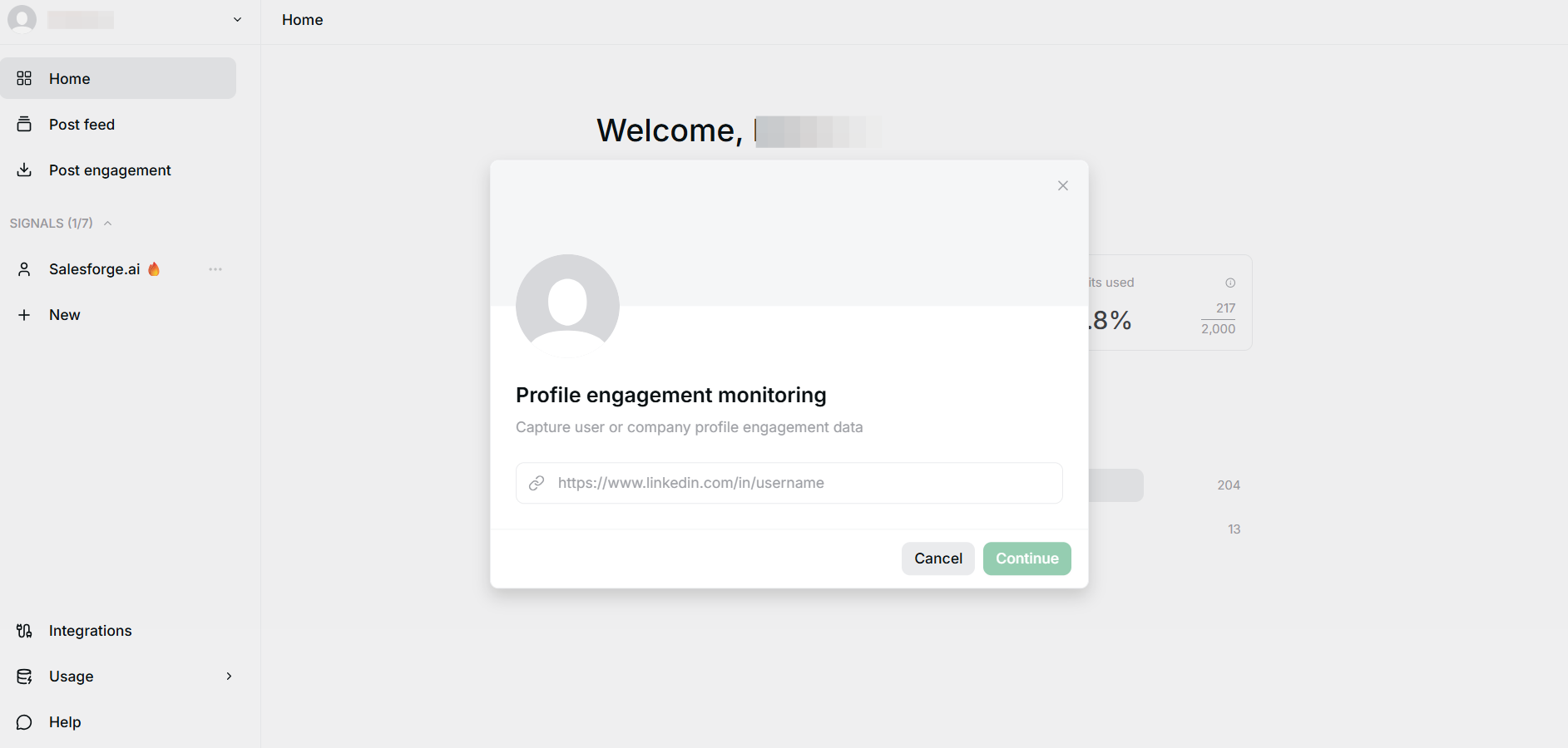 Jungler dashboard showing the "Profile engagement monitoring" setup modal with a LinkedIn URL field.