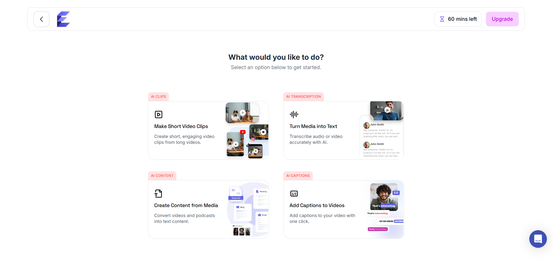 Exemplary AI tool selection screen with four options