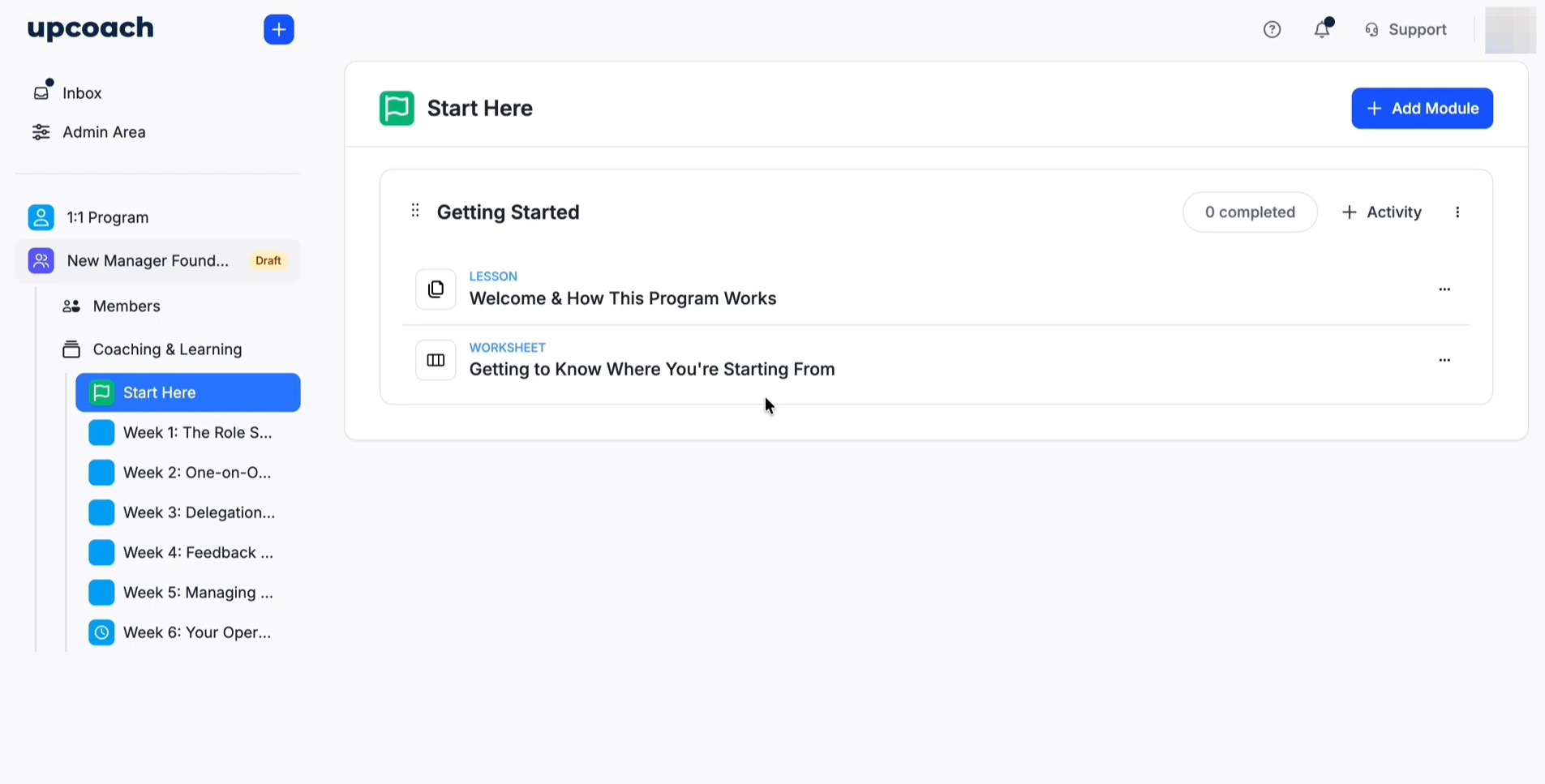 Upcoach program view showing AI-built weekly curriculum with lessons and worksheets.
