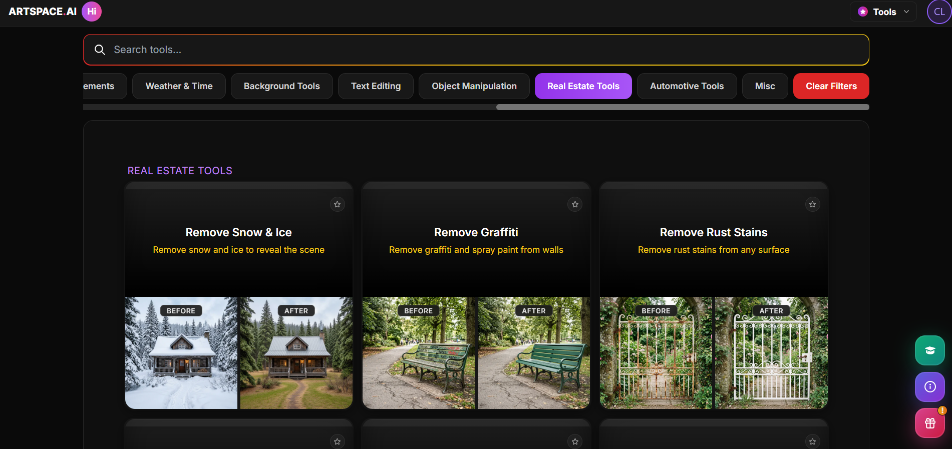 ArtSpace AI Real Estate Tools showing before/after for snow, graffiti, and rust removal.