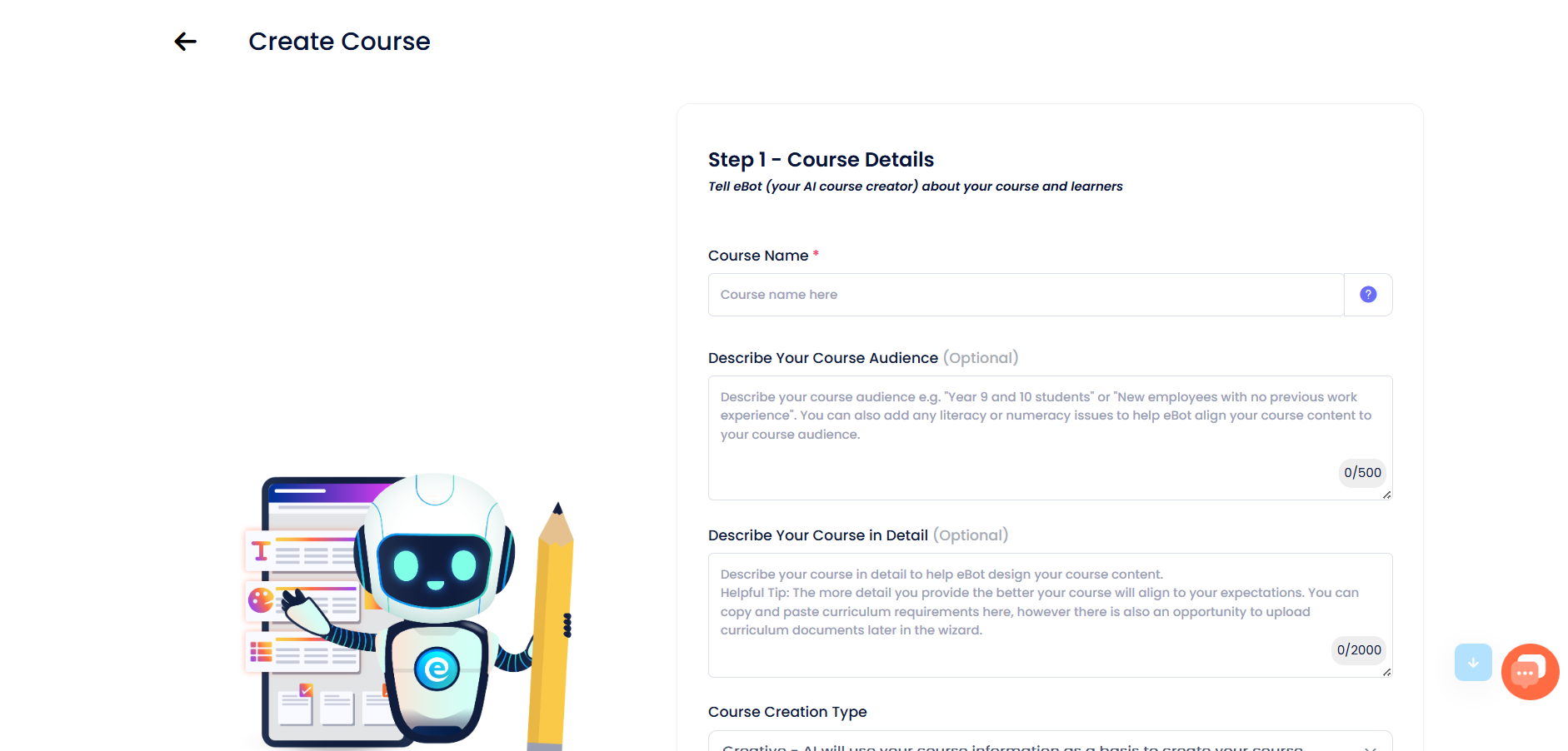 Course setup form with title and audience fields.