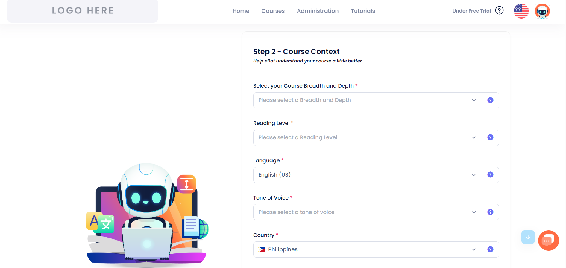 Course context settings screen for tone and language.