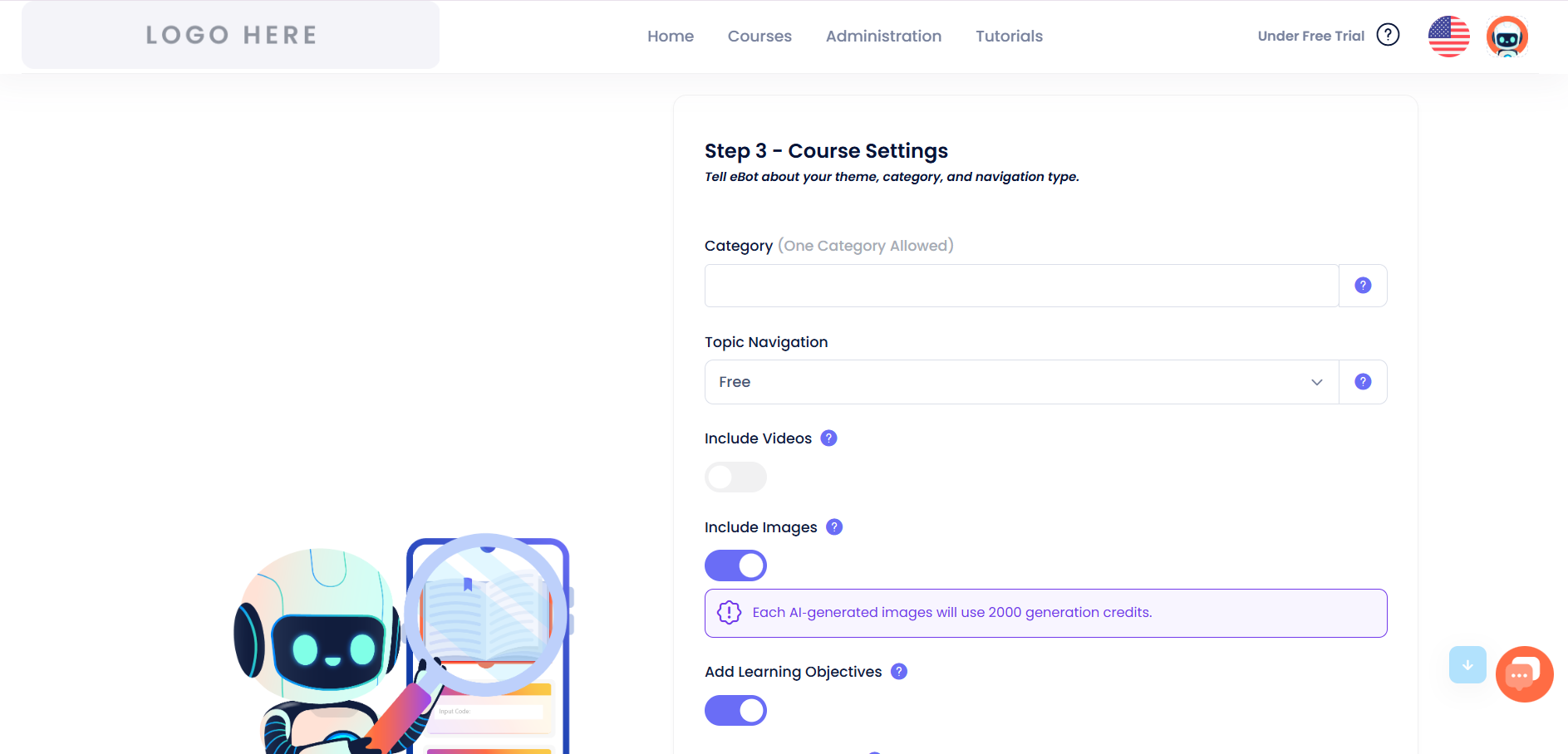 Course settings menu for media toggles and topic navigation.