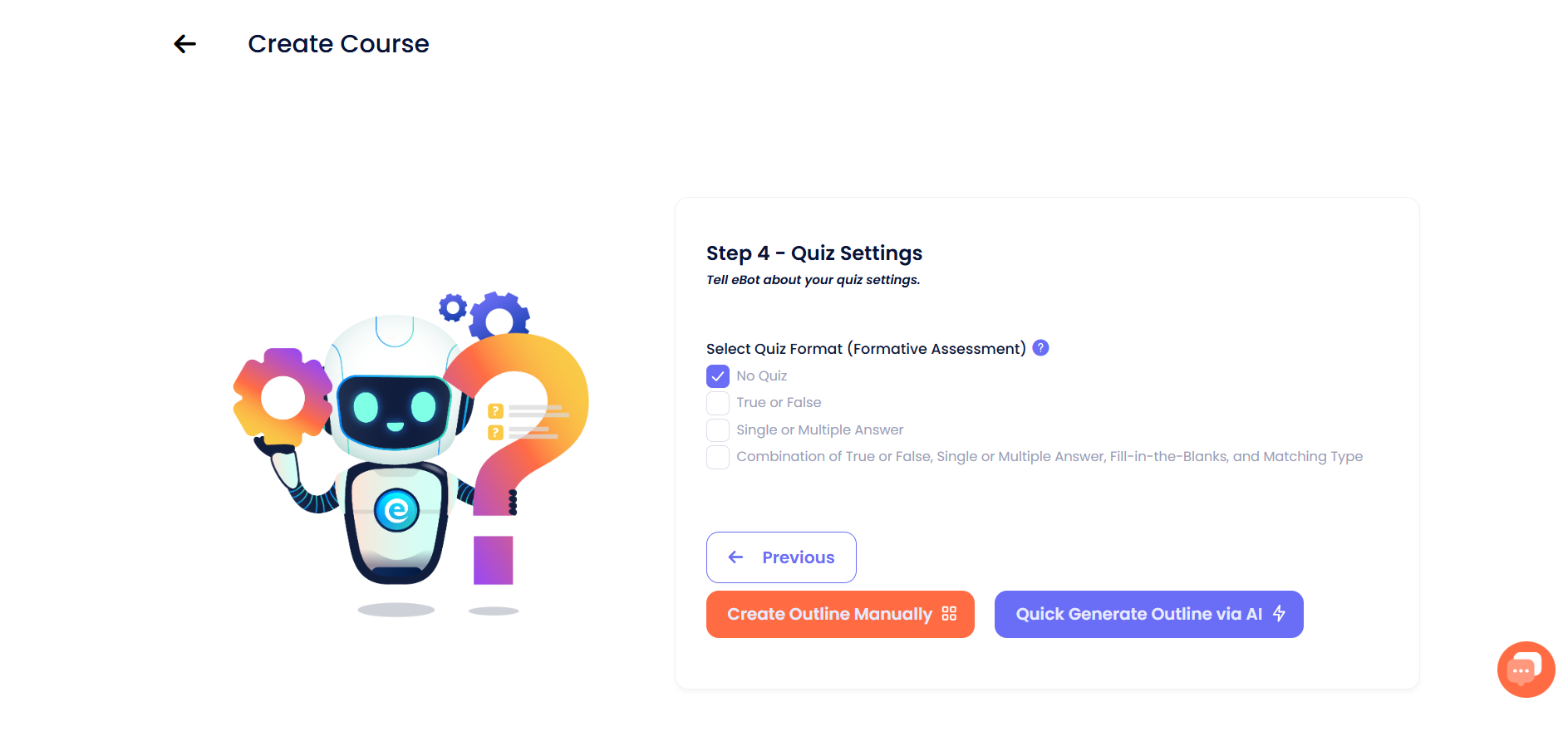 Quiz settings page with AI outline generation options.