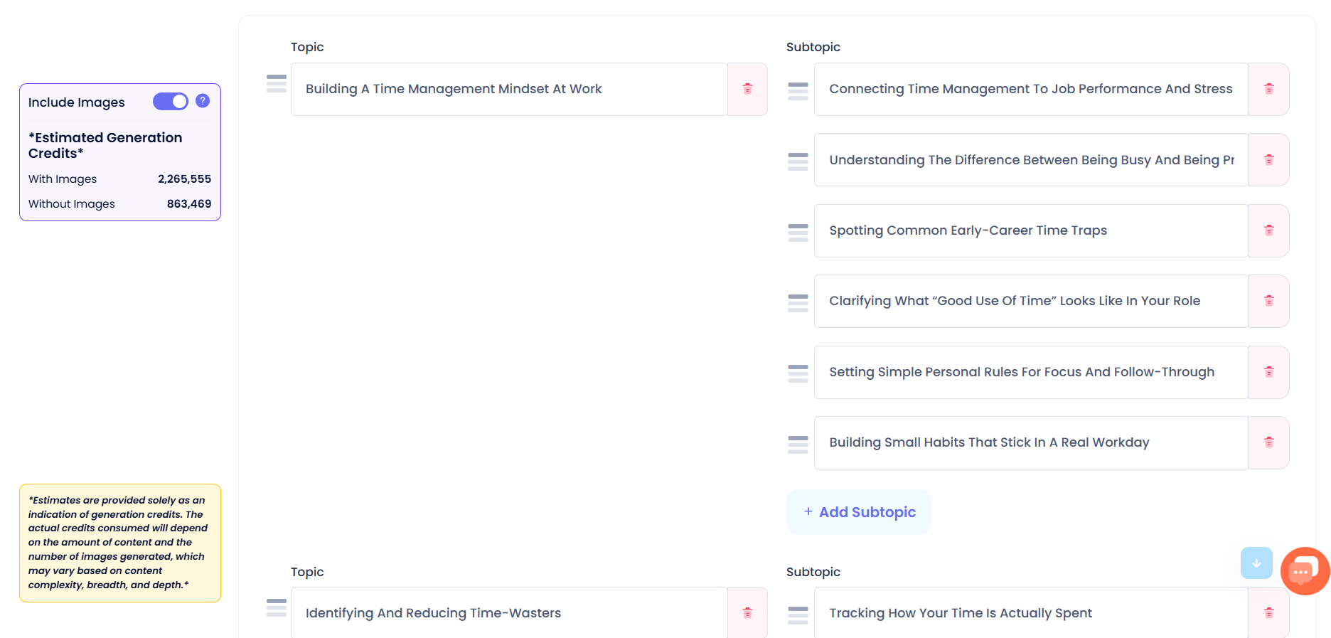 Course curriculum outline editor with topics and subtopics.