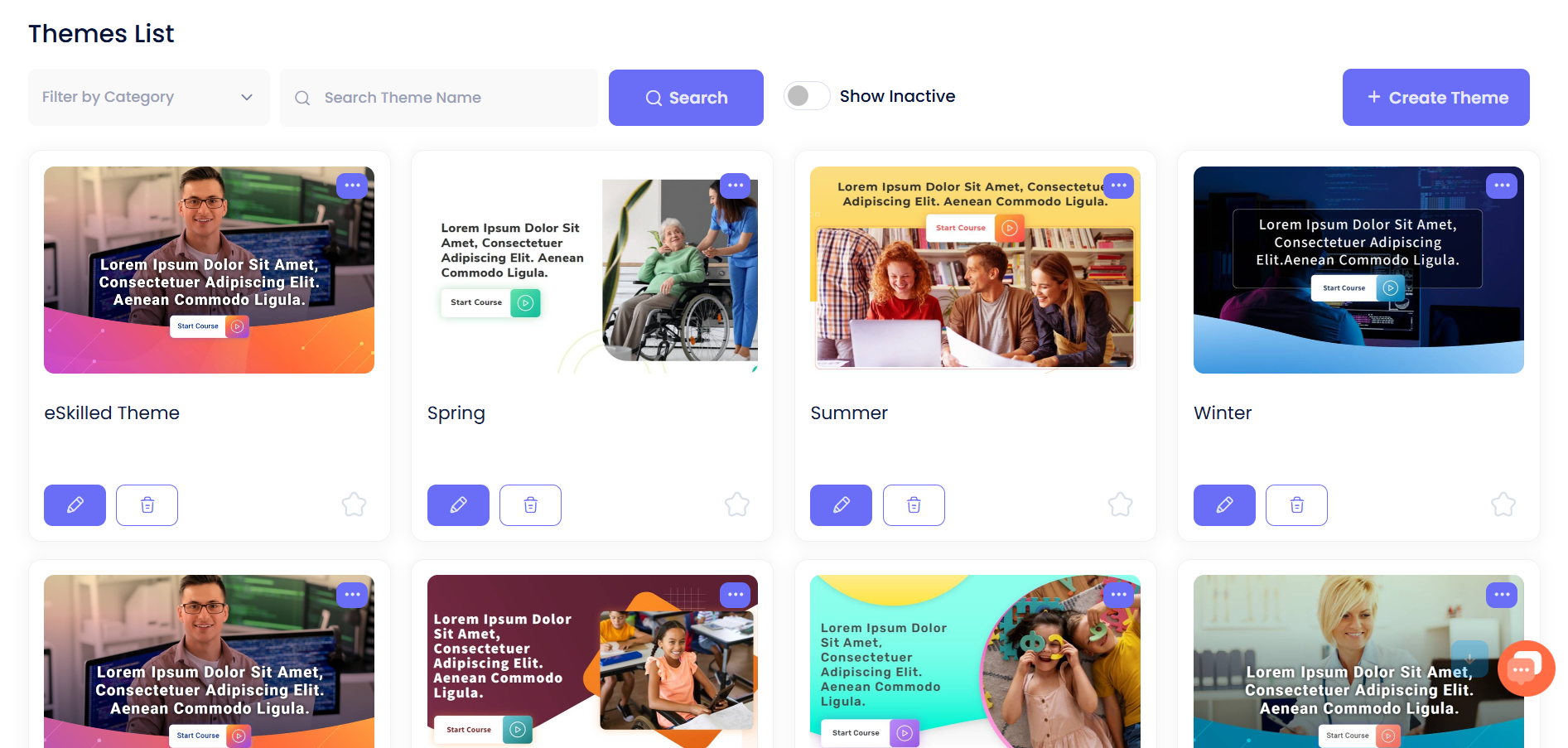 eSkilled Themes List with custom course layout templates.