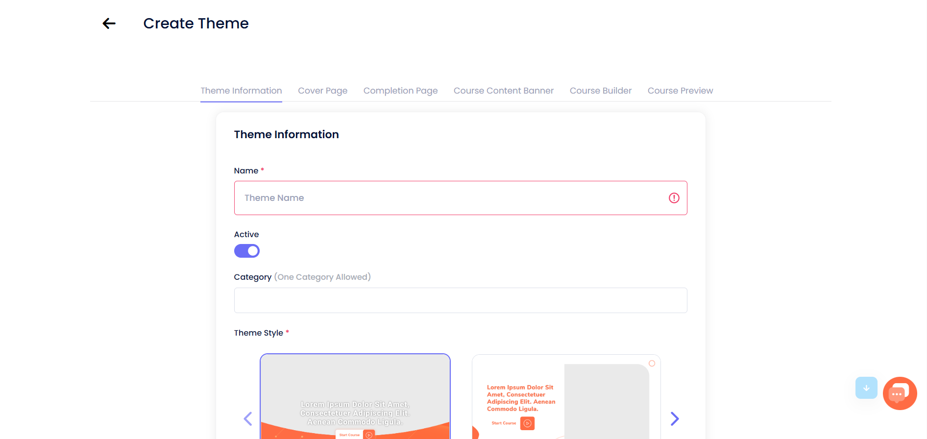 Theme editor page with custom styling and layout options.