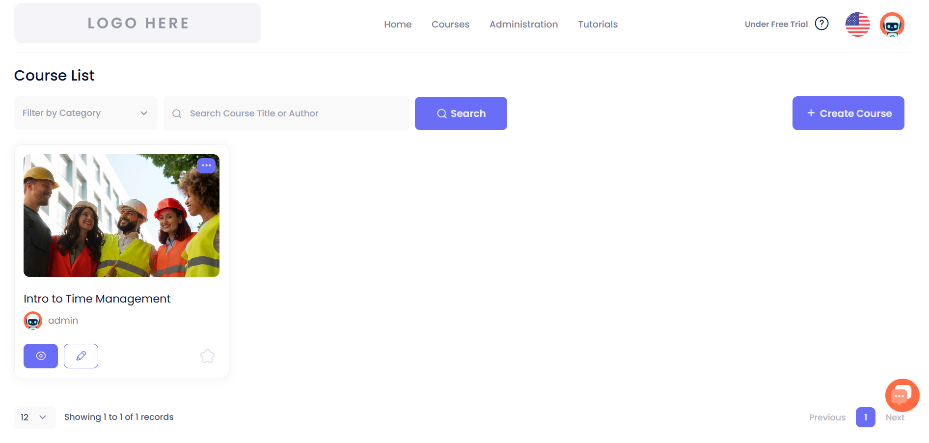 Course List dashboard with generated course card.