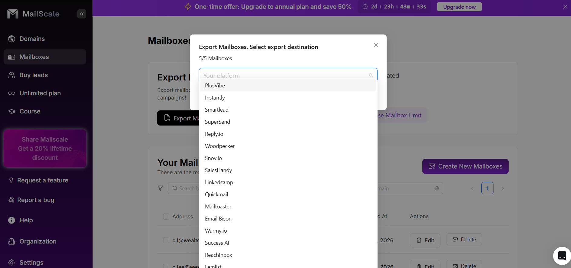 MailScale export dialog showing a dropdown list of supported sequencer platforms.