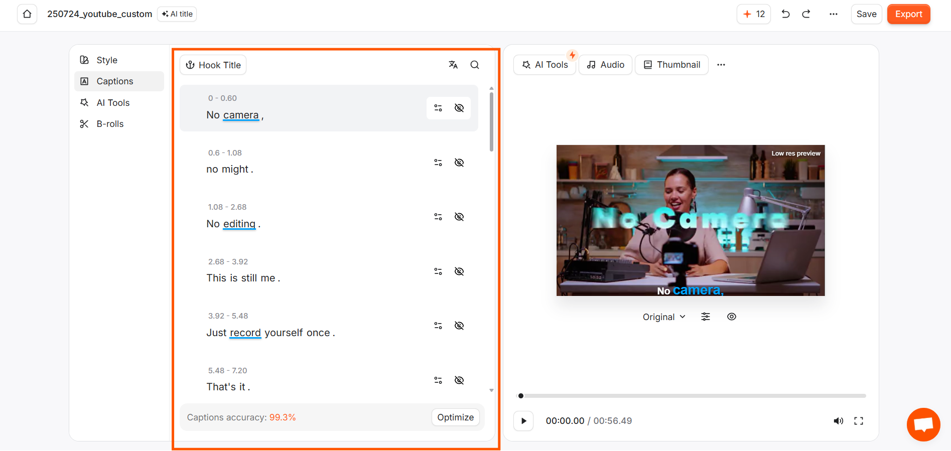 Submagic captions panel with a timestamped transcript.