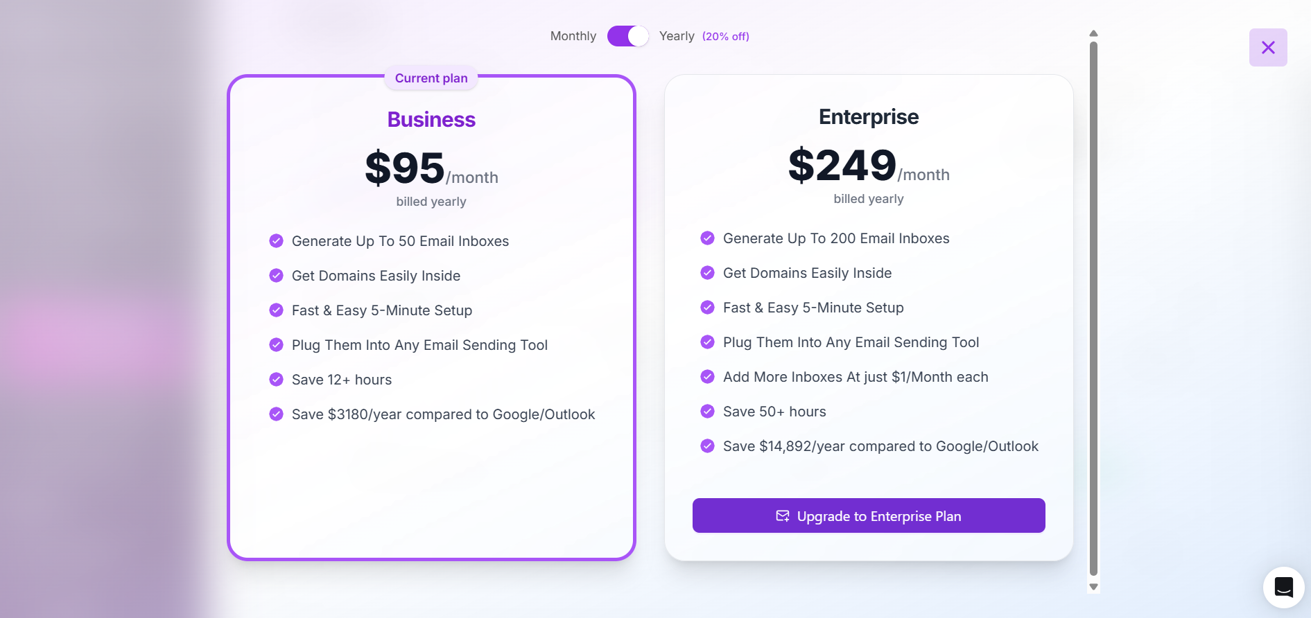 Pricing comparison showing Business plan at $95/month and Enterprise plan at $249/month, both billed yearly.