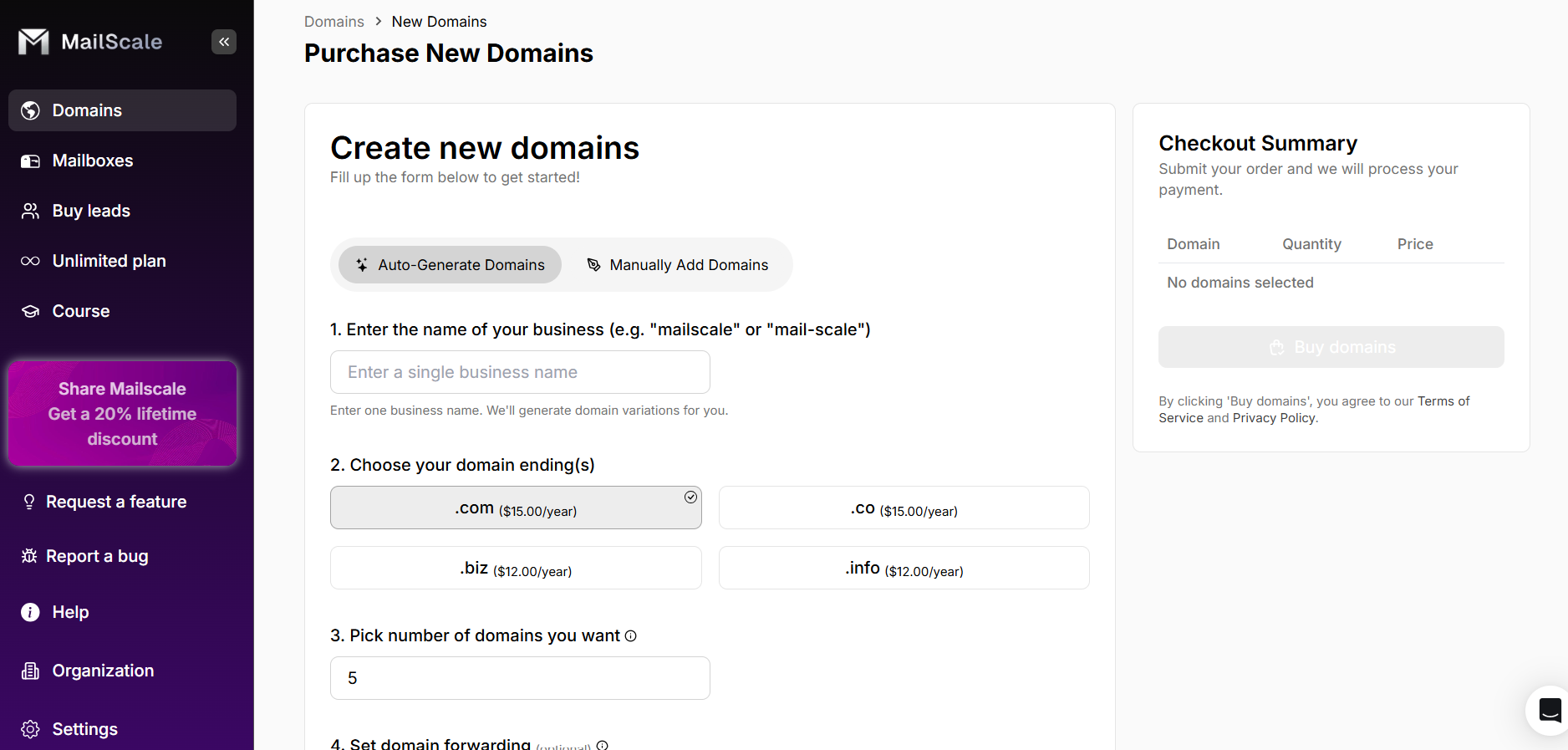MailScale domain purchase screen showing auto-generated domain options.