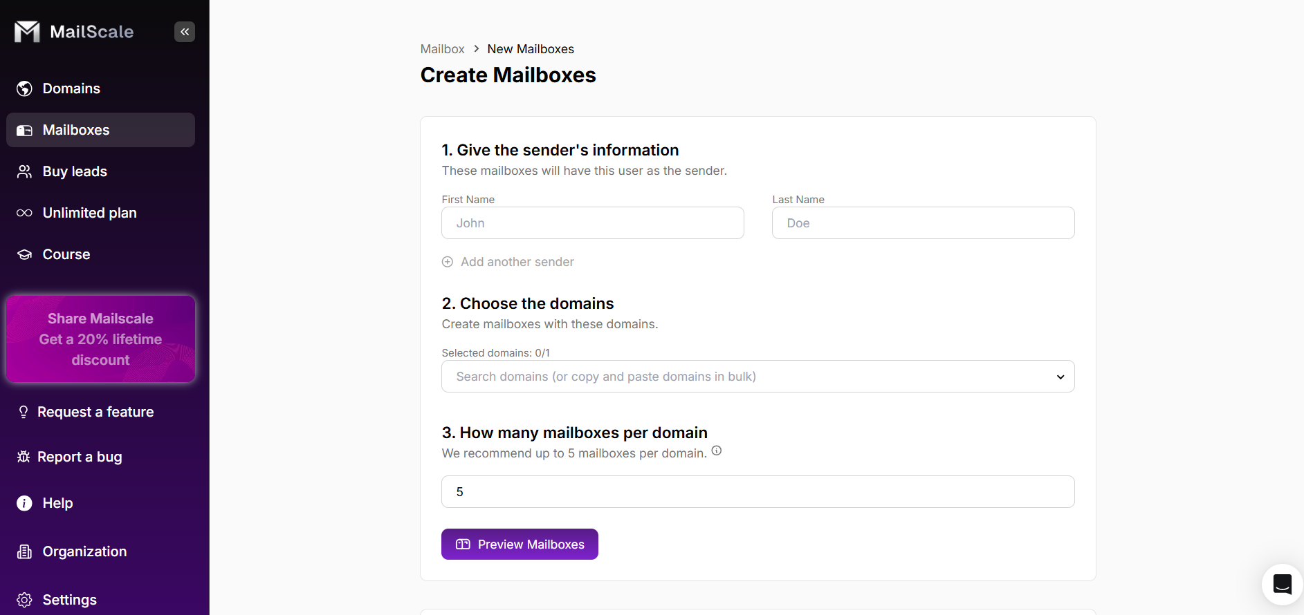 MailScale mailbox creation screen.