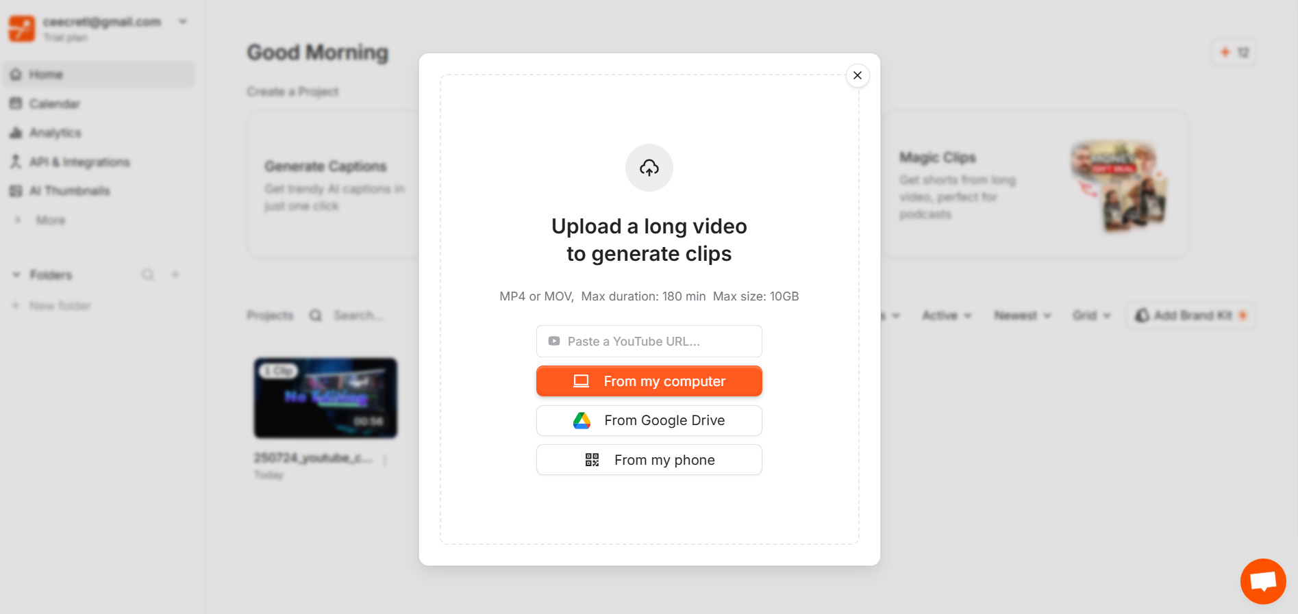 Submagic upload modal with options to add a video.