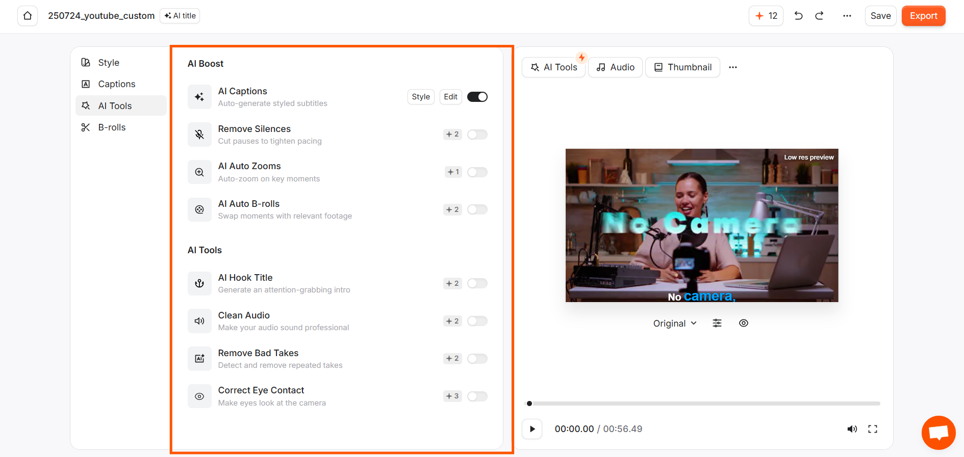 Submagic AI Tools panel listing toggleable features.