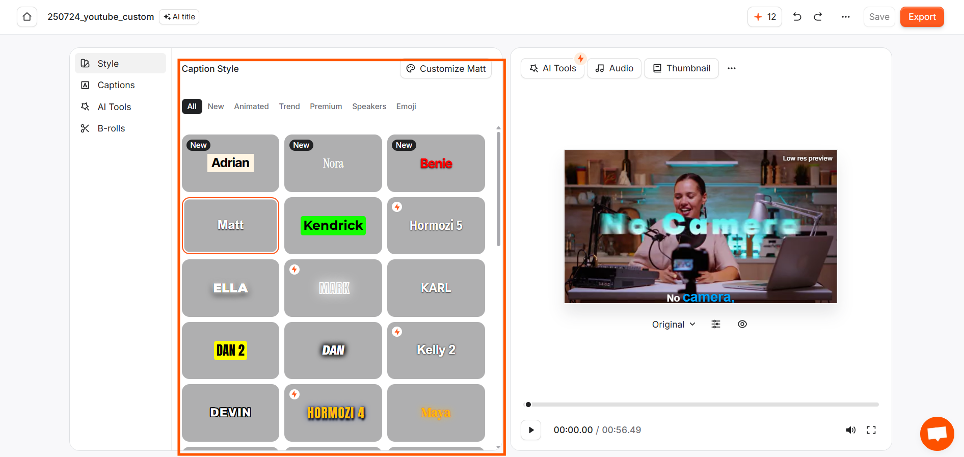 Submagic editor showing caption style options.